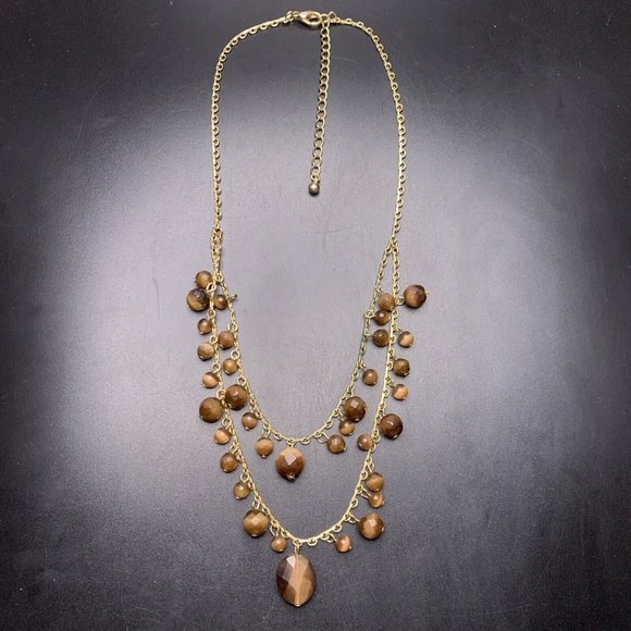 Layered Glass Bead Necklace Chocolate Brown Cats Eye Beaded Gold Tone - Picture 5 of 7